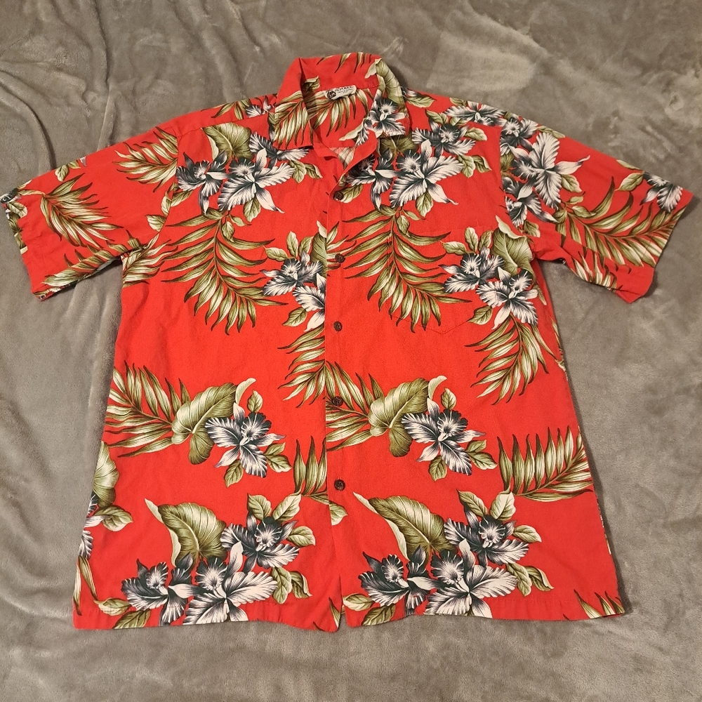 Cotton floral classic orchid Hawaiian red button Up shirt short sleeve Sz. L